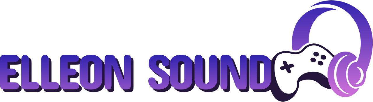 Logo that says Elleon Sound in Capital Letters, on the right is an image of a console controller nestled inside headphones. The colors are a gradient of pink to purple.