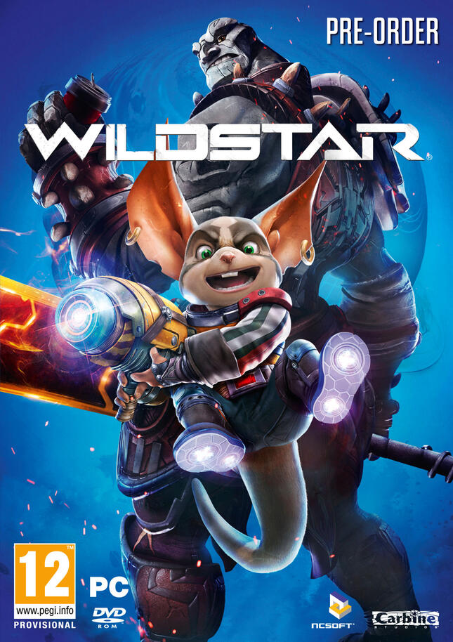 Box art for Wildstar, there is a large rock creature called a Granok flexing in the background with a small hamster like character with a large tail called a Chua holding a laser gun and smiling mischievously.