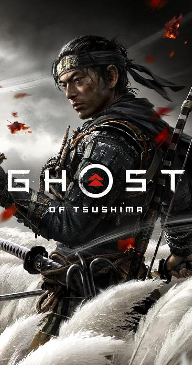 Box art for Ghost of Tushima, the main title character Jin, is posing with red leaves swirling around him.