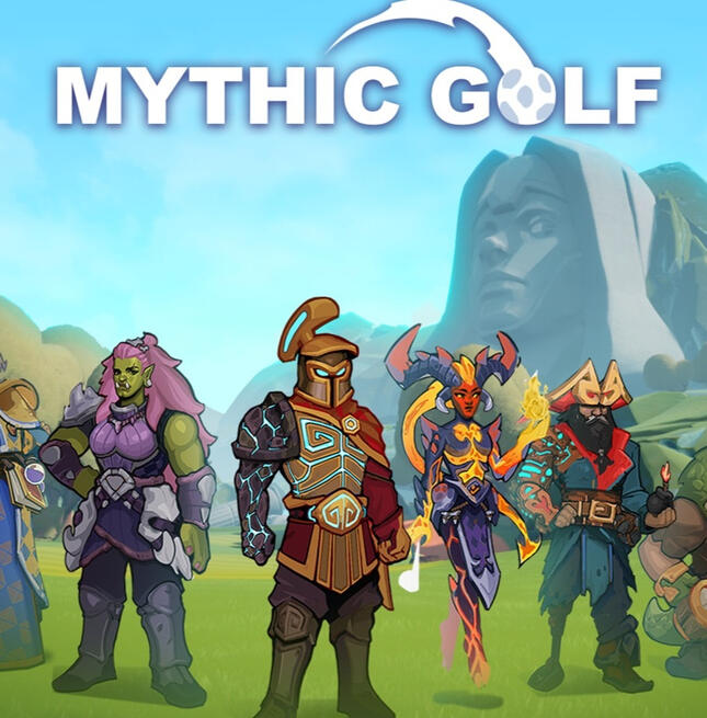 Title Screen concept art of a game called Mythic Golf. There are several characters that are depicting fantasy - an orc, a gladiator, a dragon lady. There is a stone statue in the background.