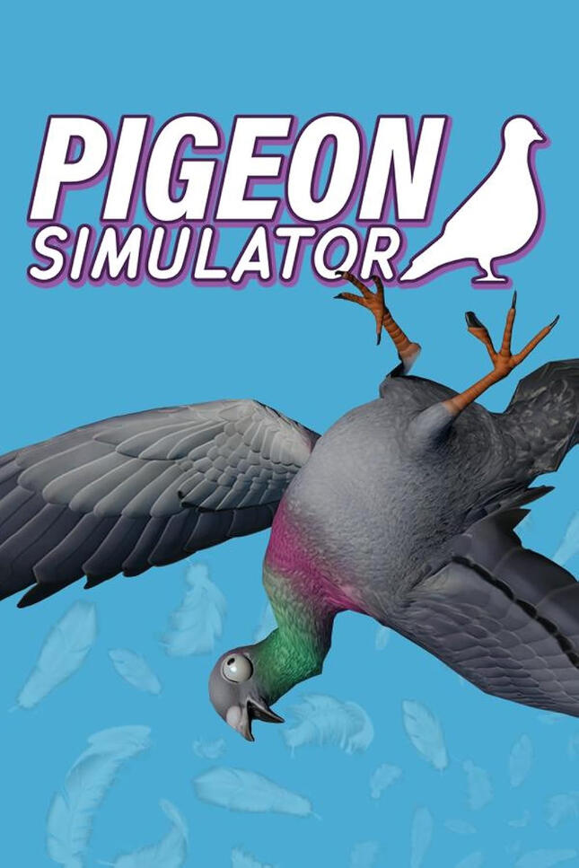 video game marketing image, it says Pigeon Simulator in white bold letters, outlined in purple. Next tot he letters is a silhouette of a pigeon. Box art has a silly 3d animated pigeon upside down in the sky.