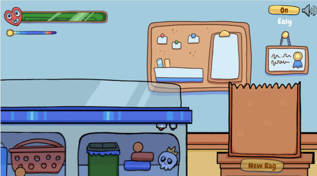 A cartoon drawing of a grocery store checkout stand