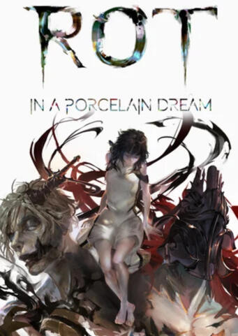 video game marketing image for Rot in a Porcelan Dream. Image has a female figure in white with dakr hair sitting on the shoulders of two monsterous characters.